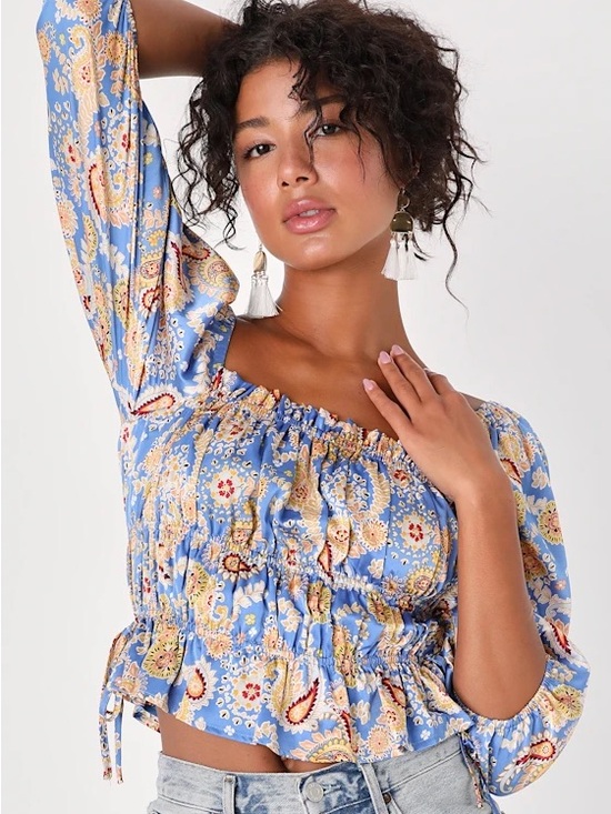 Lulus Tops - Lulus Staying Cute Blue Paisley Satin Ruffled Long Sleeve Top size Medium